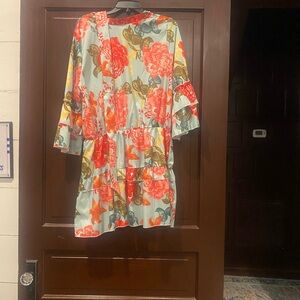 SHEIN Floral Ruffle Long Sleeve Dress in Mint and Coral